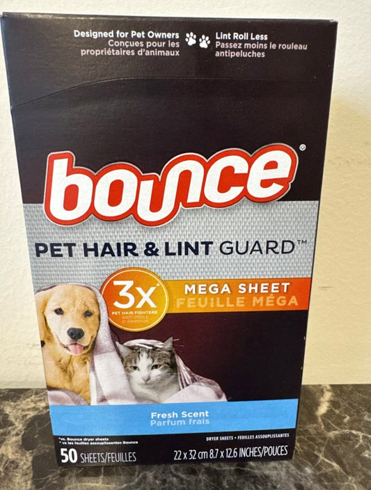 Bounce Pet Hair & Lint Guard Mega Dryer Sheets with 3X Pet Hair Fighters