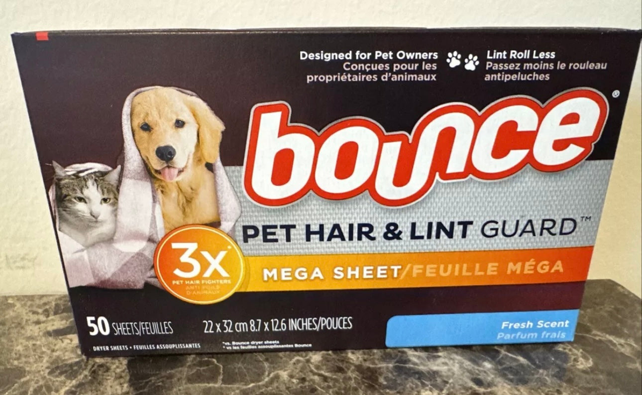 Bounce Pet Hair & Lint Guard Mega Dryer Sheets with 3X Pet Hair Fighters